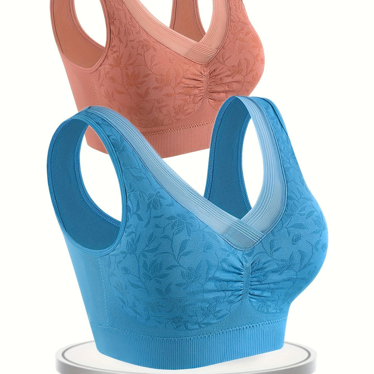 2pcs Jacquard Wireless Bras Full Coverage Comfortable & Breathable Women's Linge