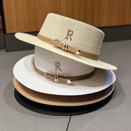 Wide Brim Straw Hat Metal Letter Belt Beach Sun Hat