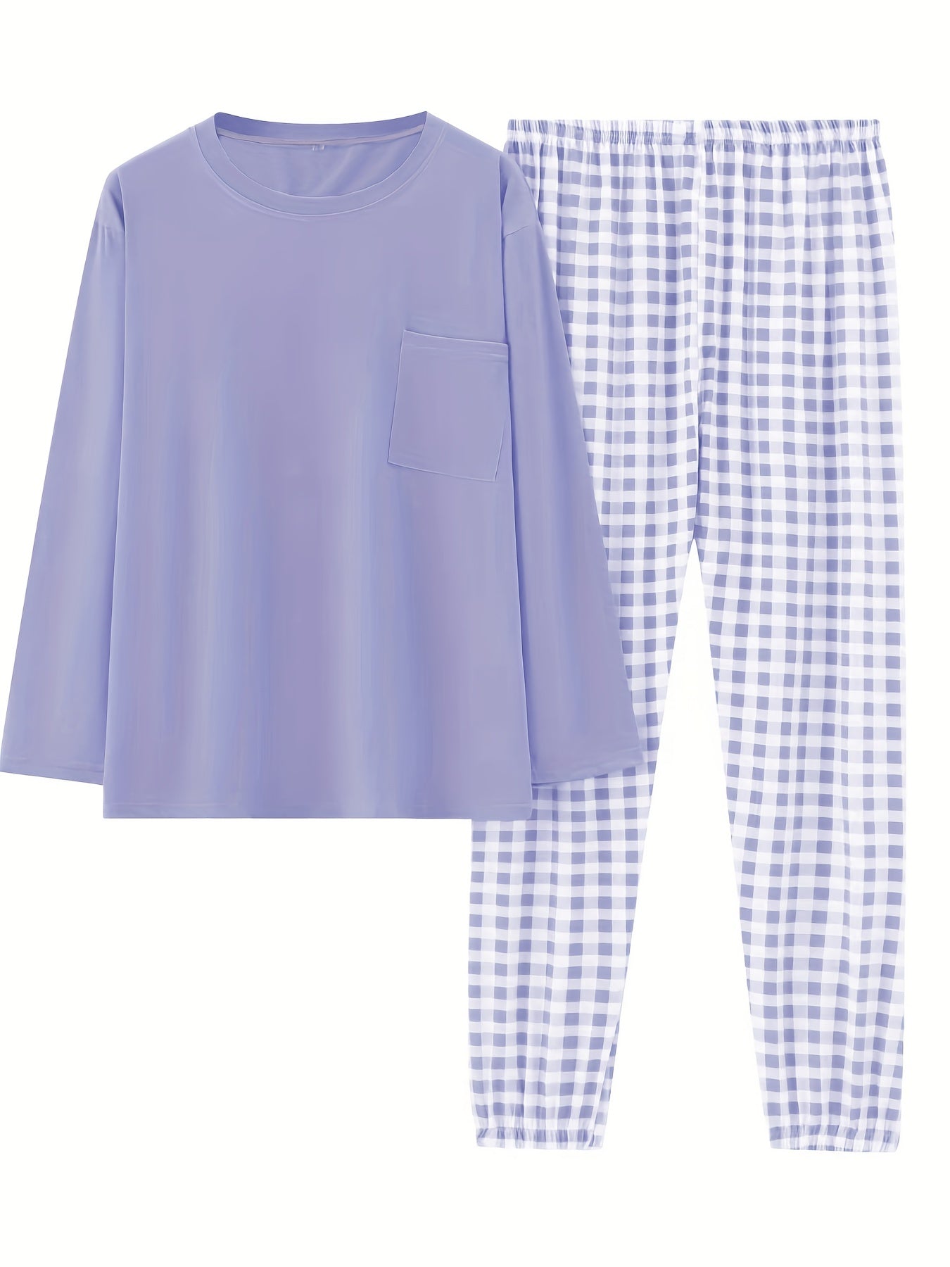  Casual Pajamas Set Long Sleeve Tee & Plaid Pants Loungewear 2pcs