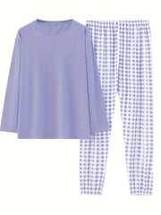  Casual Pajamas Set Long Sleeve Tee & Plaid Pants Loungewear 2pcs