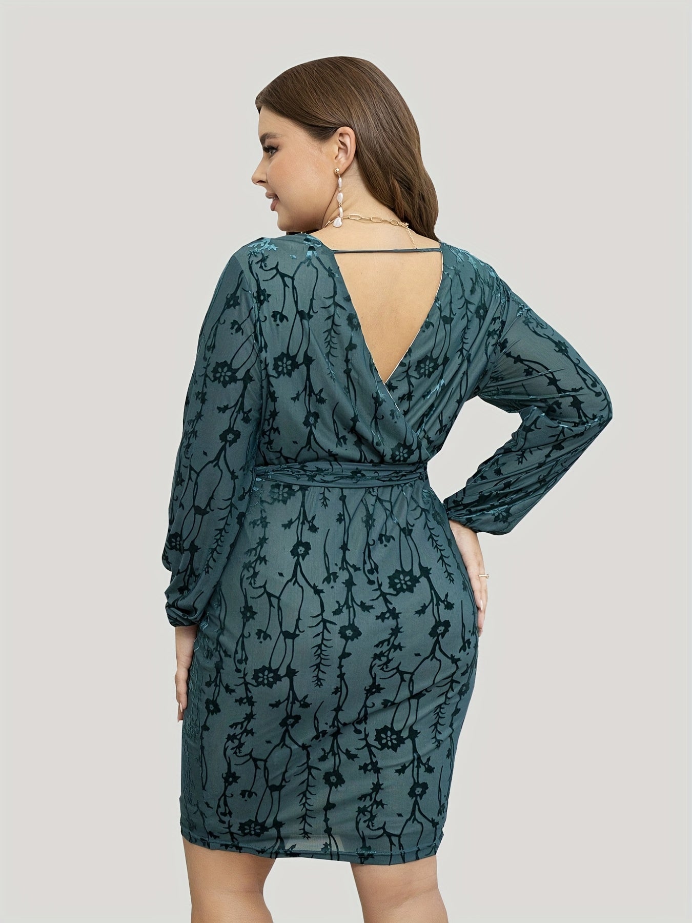  Floral Jacquard Lantern Sleeve Bodycon Dress