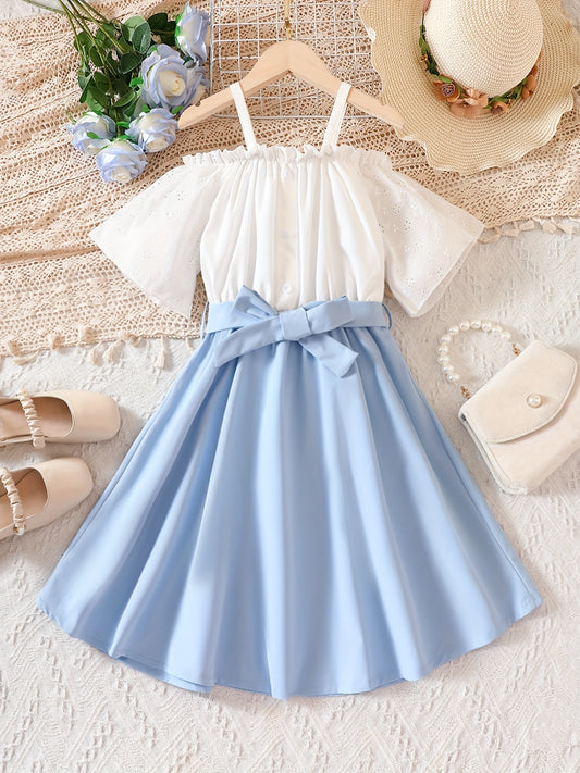 Girls' Cold Shoulder Swing Belted Dress Kids Summer Dresses