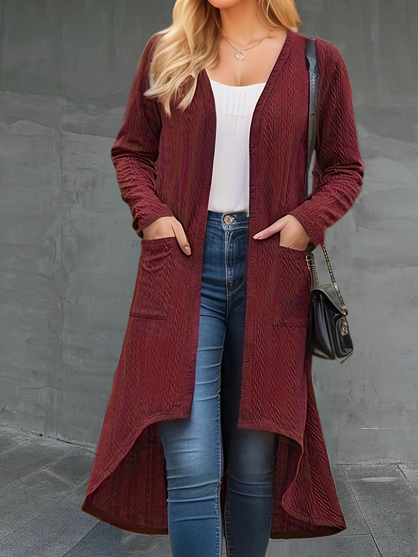  Solid Jacquard Open Front Cardigan With Pockets