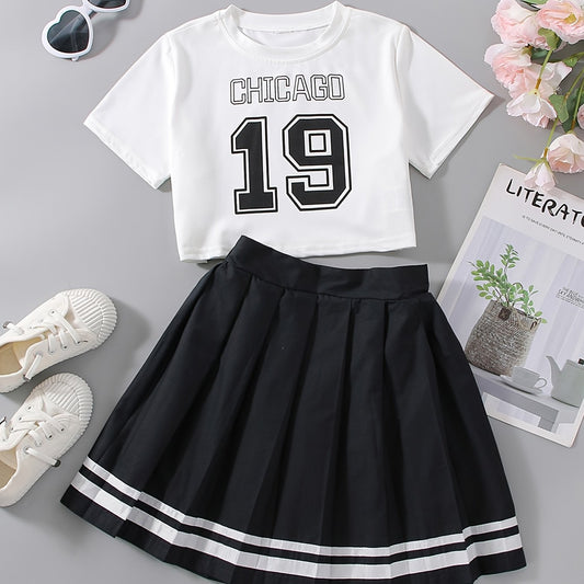 2pcs Girls Number Print T Shirt Crop Top & Skirt Set Kids Clothes