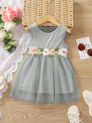Girls Flower Decor Sleeveless Mesh Princess Dress Summer Kids Clothes