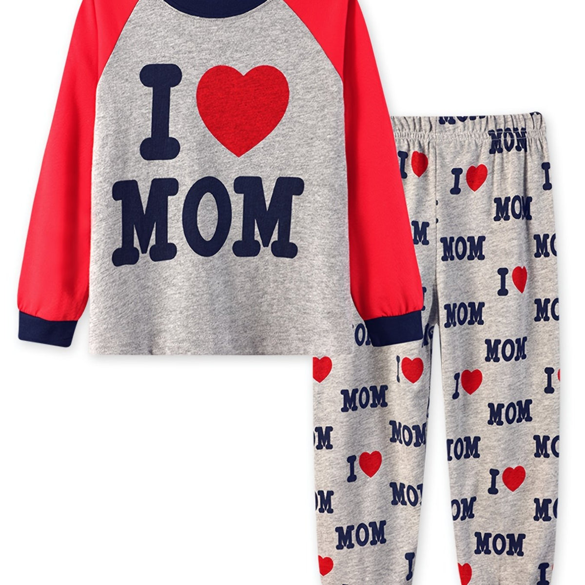 2pcs Girls Pajama Set Crew Neck Long Sleeve 'I LOVE MOM' Print Winter