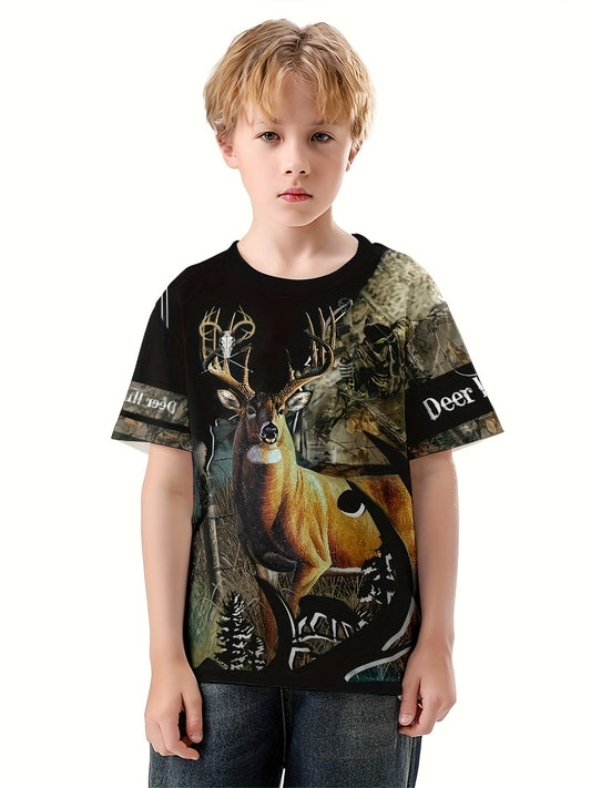 Deer 3D Print Boys T shirt Summer Lightweight Round Neck Short Sleeve Top