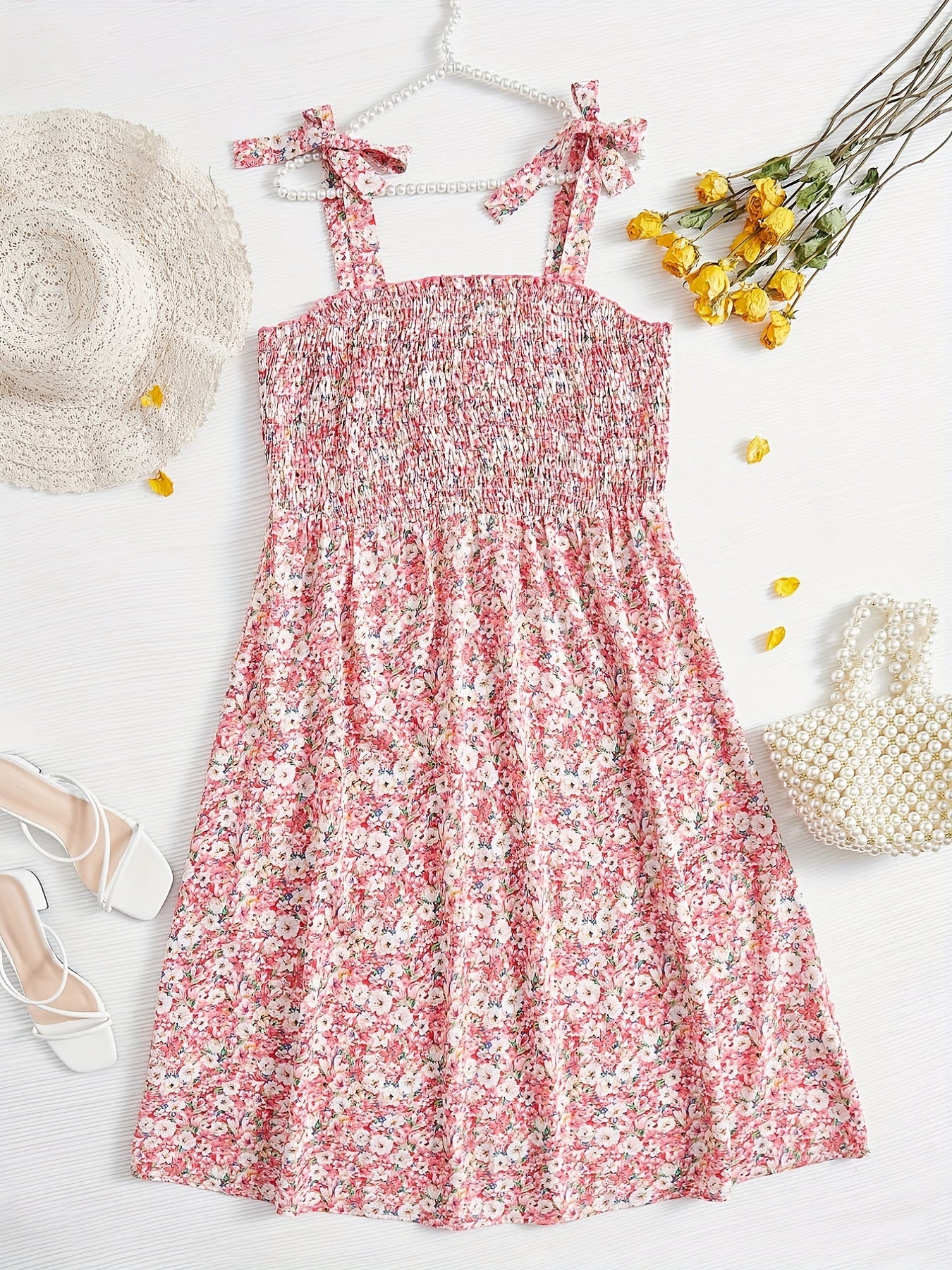 Ditsy Floral Print Shirred Tie Shoulder Cami Dress