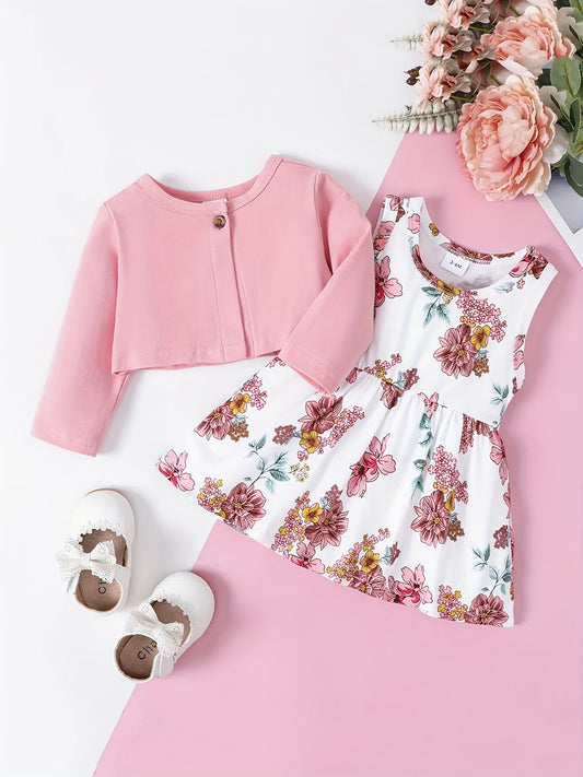 Baby Girl's Floral Print Pleated Sleeveless Dress Set