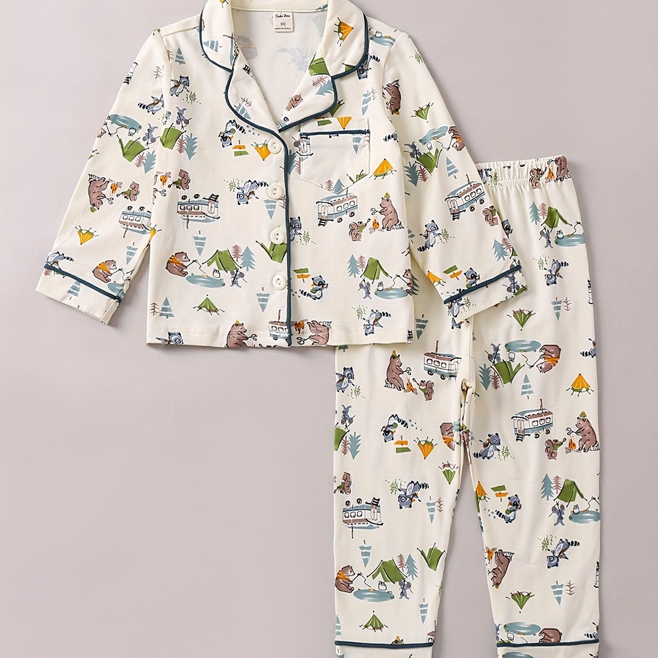 Boys Bear Print Pajama Set Long Sleeve Button Front Homewear PJ Set