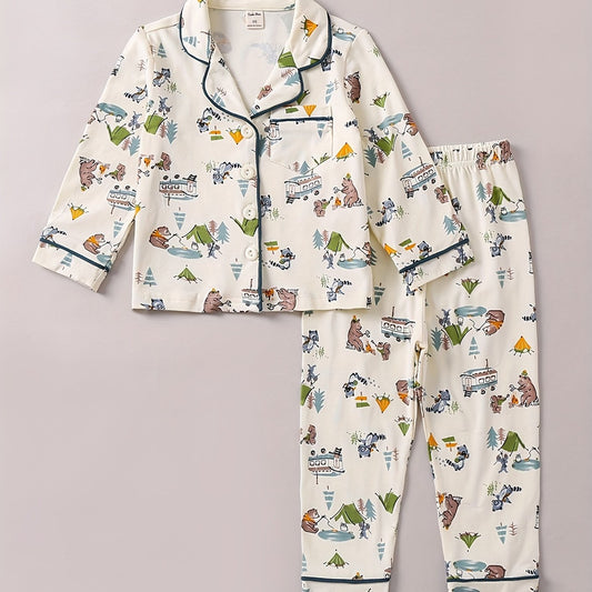 Boys Bear Print Pajama Set Long Sleeve Button Front Homewear PJ Set