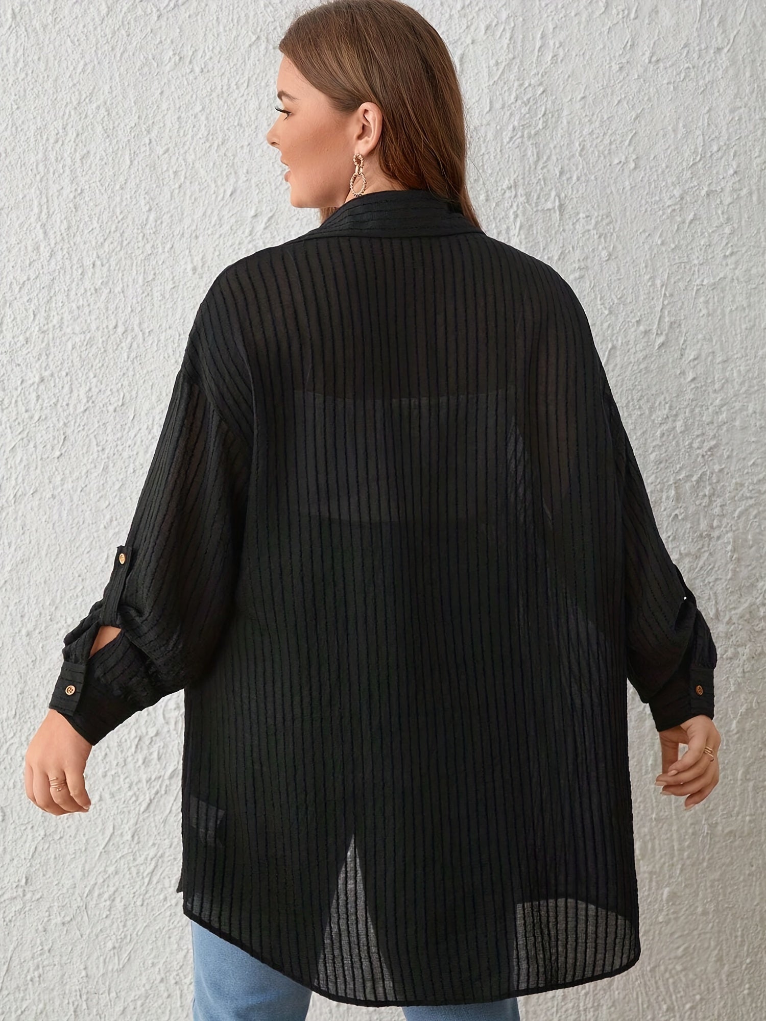  Stripe Print Long Sleeve Button Up Tunic Shirt