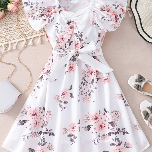 Toddler Girls Ruffle Trim Flowers Graphic Princess Belted Dress