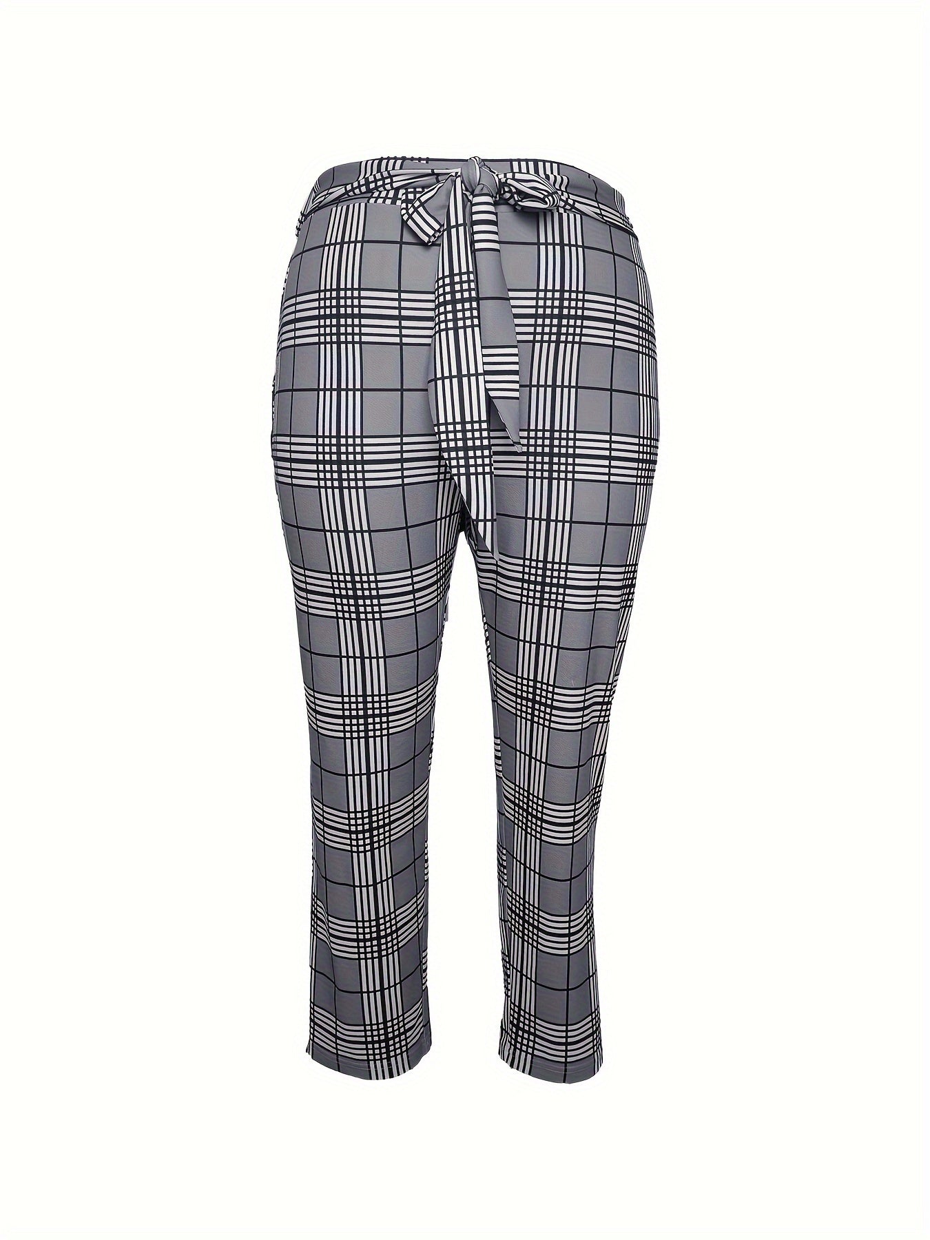 Plus Plaid Print Knot Front High Rise Straight Leg Trousers