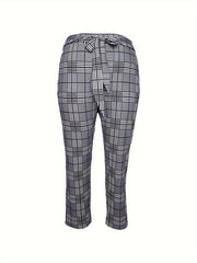 Plus Plaid Print Knot Front High Rise Straight Leg Trousers