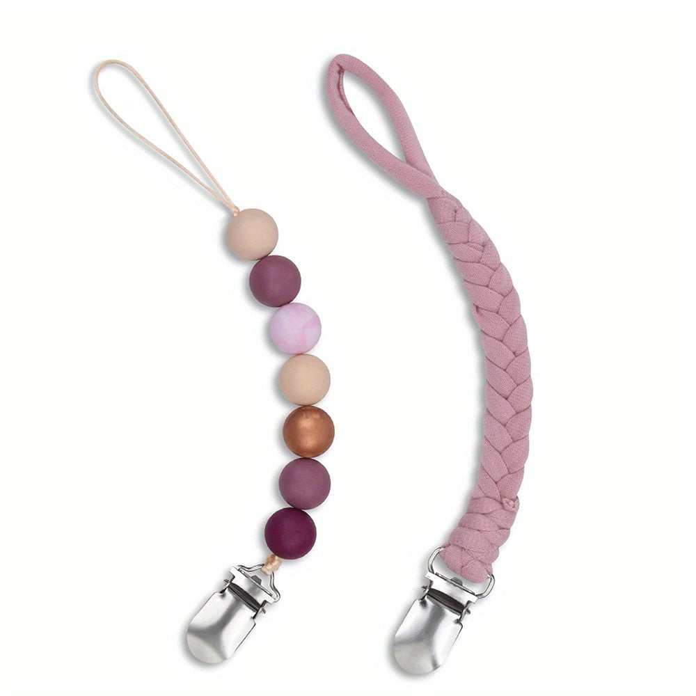 2pcs Pacifier Clips For Baby Soft Braided Holder BPA Silicone Beads Gift