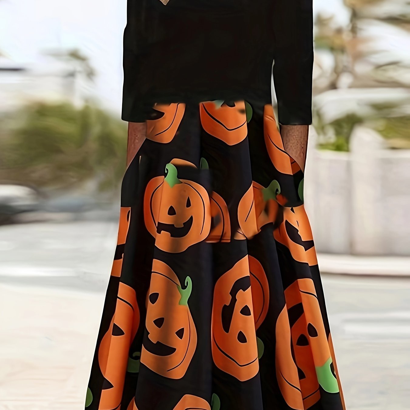  Colorblock Pumpkin Print Round Neck Dress With Pockets
