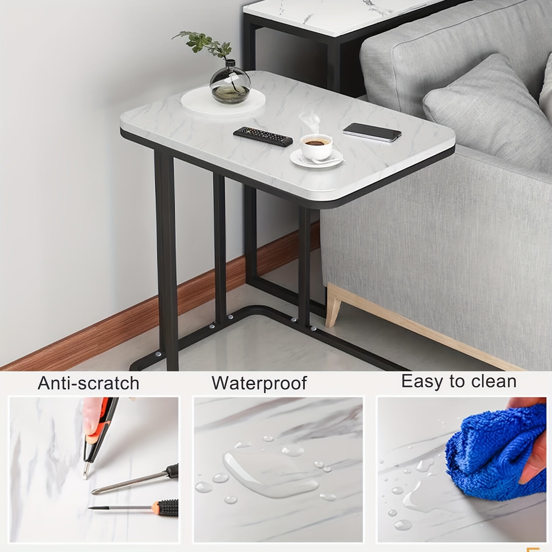 Marble Pattern C-Shaped End Table for Living Room, Bedroom