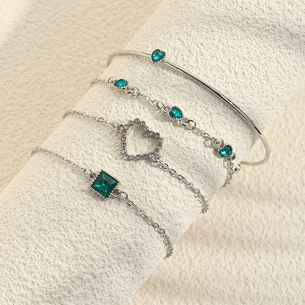 4 Pcs Hollow Chain Bracelet Set Heart Shape Gems Bangle Adjustable Jewelry