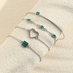4 Pcs Hollow Chain Bracelet Set Heart Shape Gems Bangle Adjustable Jewelry