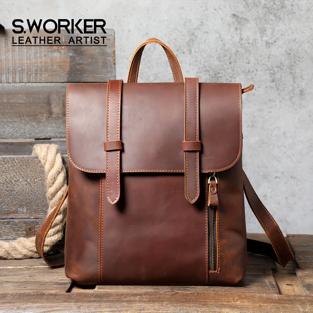 Vintage Leather Backpack Casual Schoolbag Functional Backpack