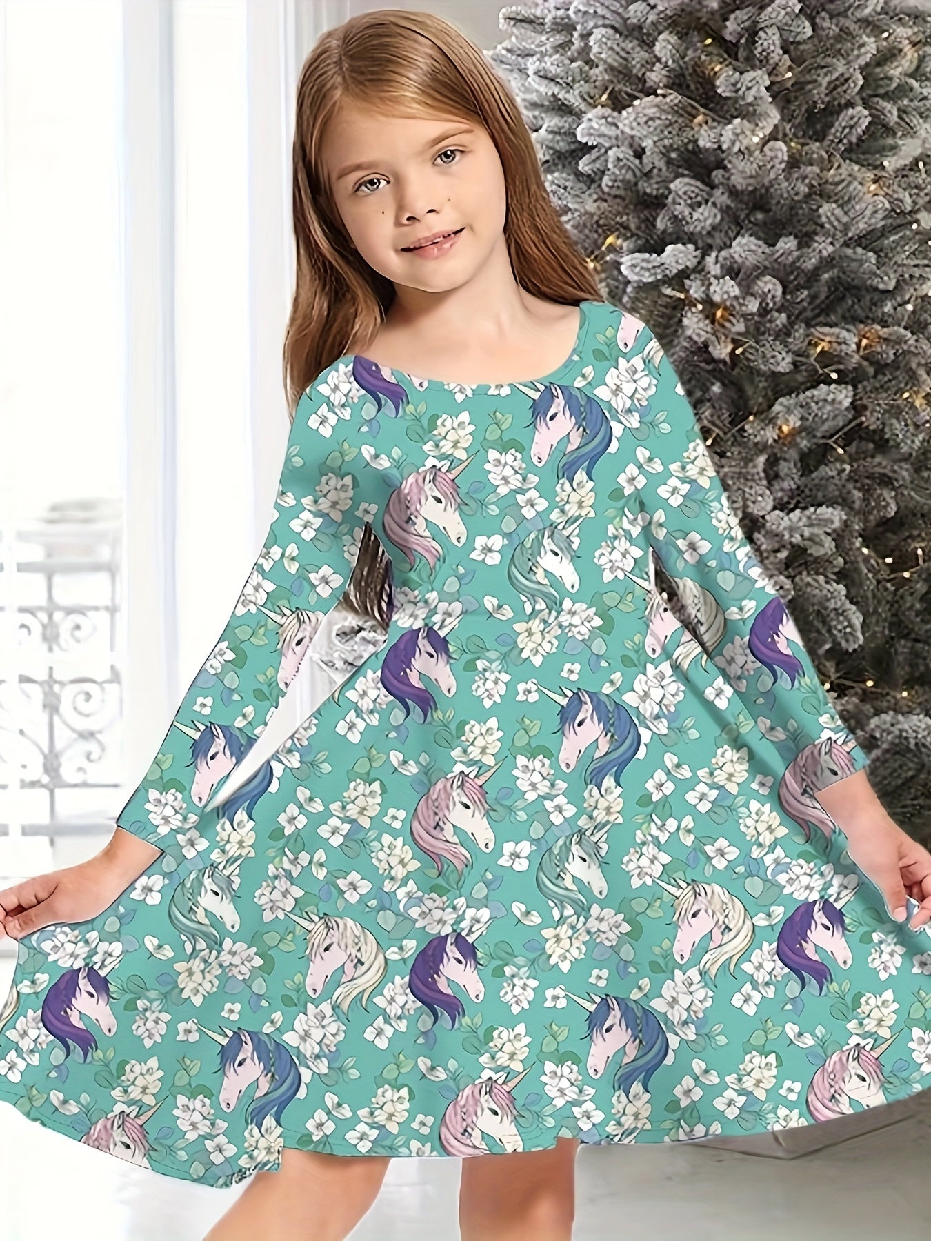 Girls Christmas Tree Print Crew Neck Dress