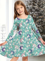 Girls Christmas Tree Print Crew Neck Dress