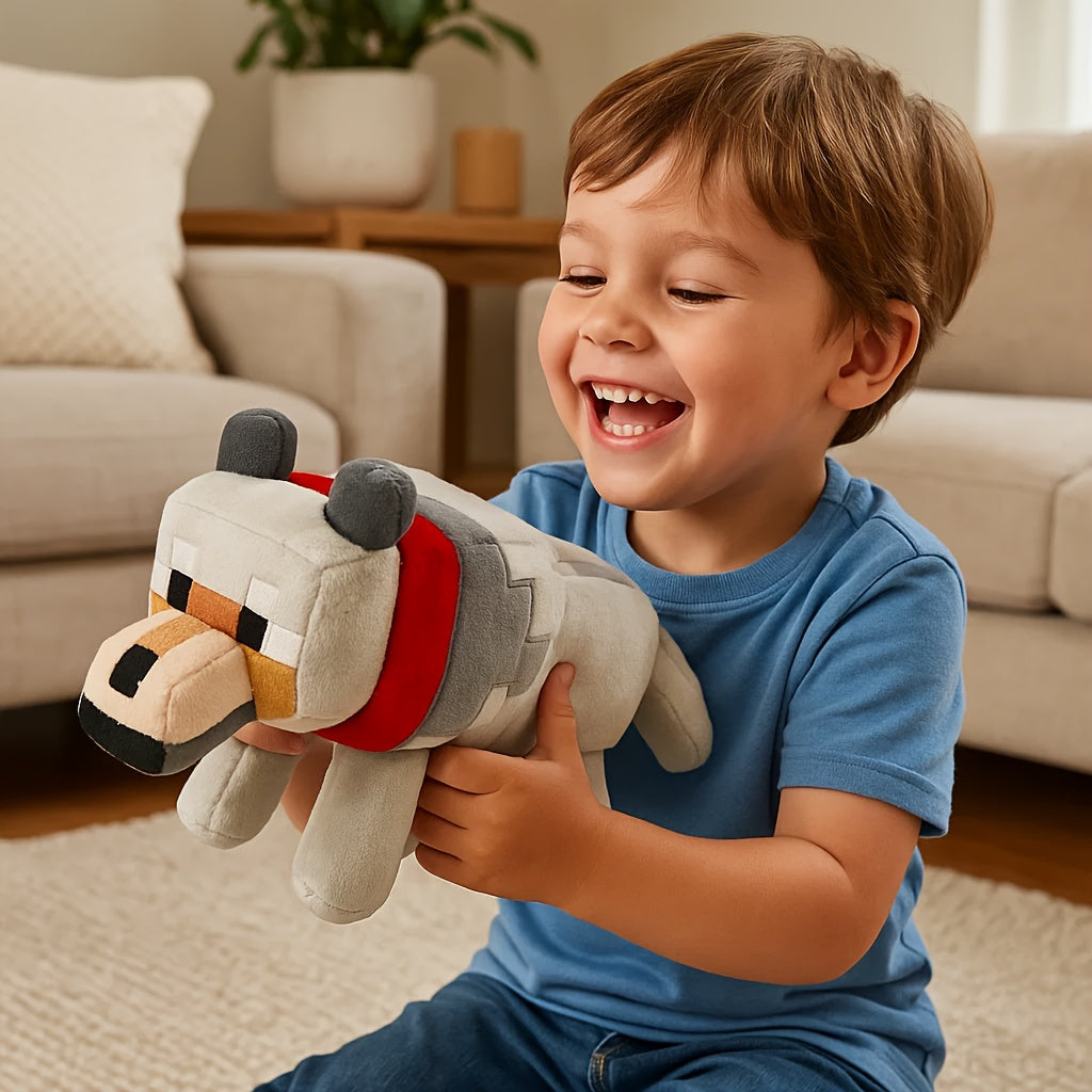Gray Wolf Plush Toy with Red Bow Soft Stuffed Animal