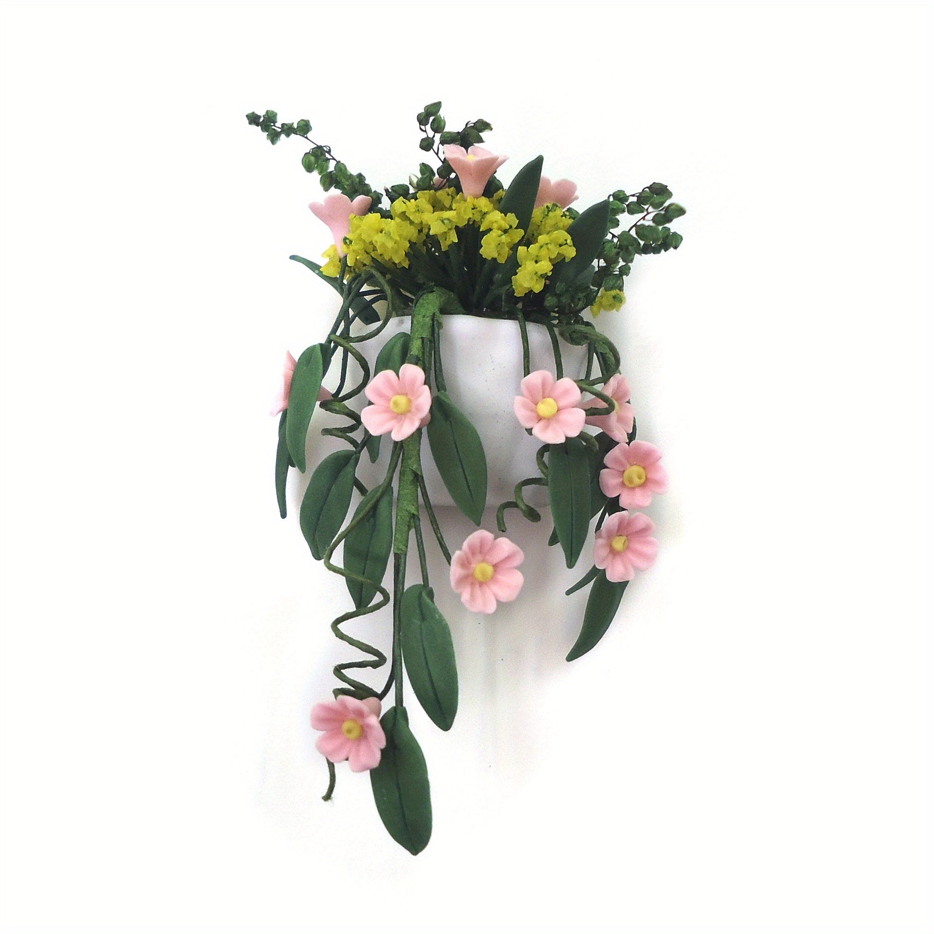 1:12 Scale Clay Flower Basket Wall Hanging Pink Chrysanthemum Vine