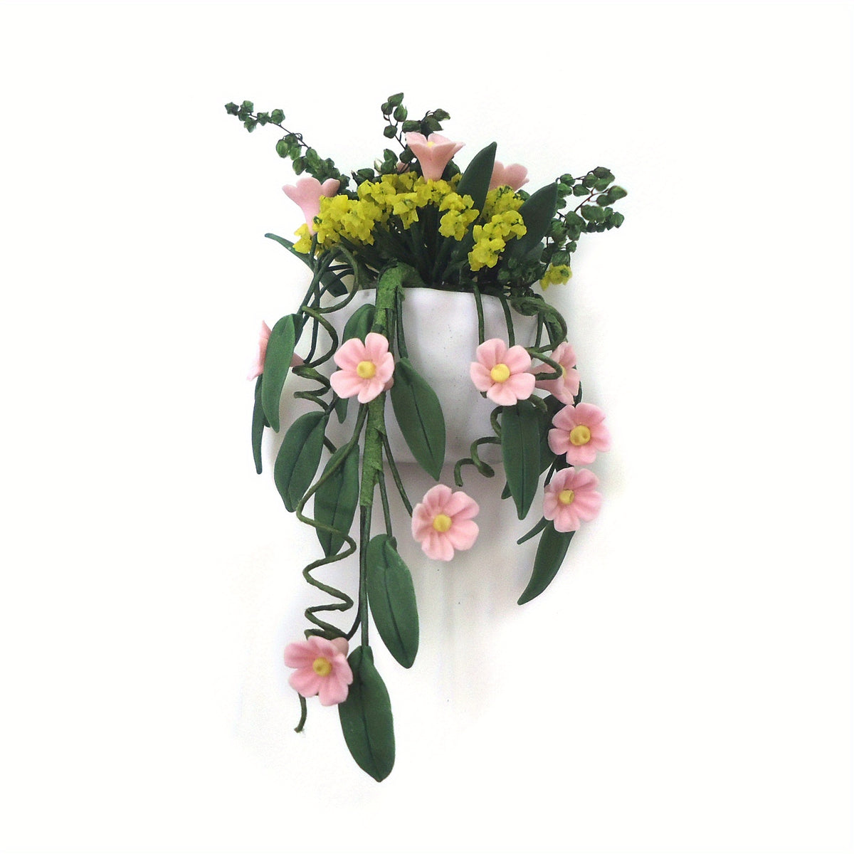 1:12 Scale Clay Flower Basket Wall Hanging Pink Chrysanthemum Vine