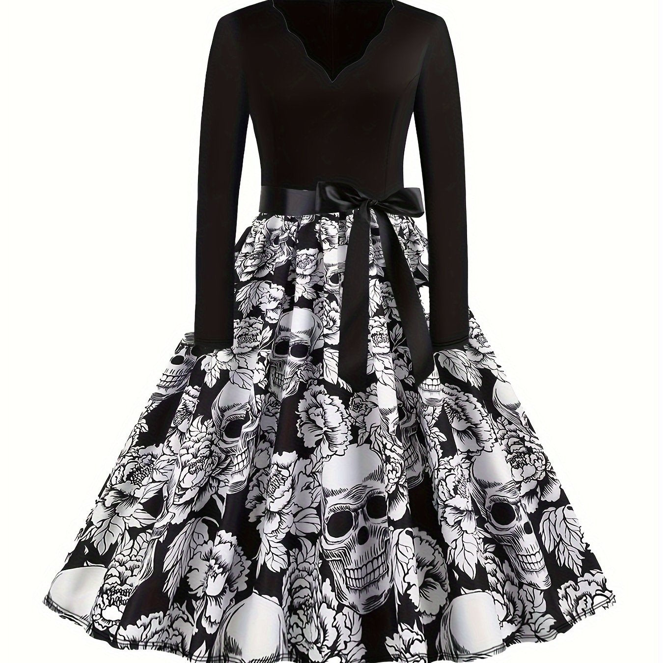 Colorblock Skull & Floral Print Plus Size Goth Dress