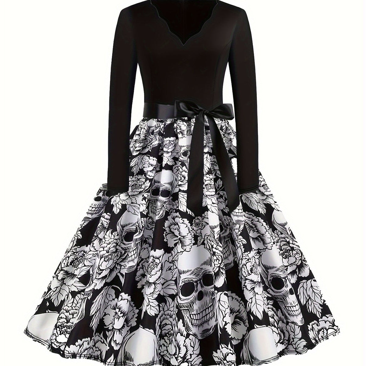 Colorblock Skull & Floral Print Plus Size Goth Dress