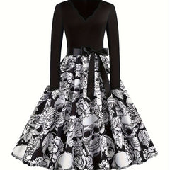 Colorblock Skull & Floral Print Plus Size Goth Dress