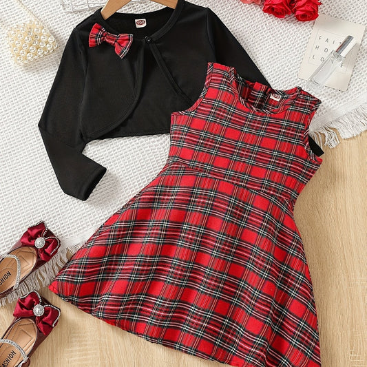 2pcs Girls Plaid Tunic Dress Bow Shawl Cover Up Tops