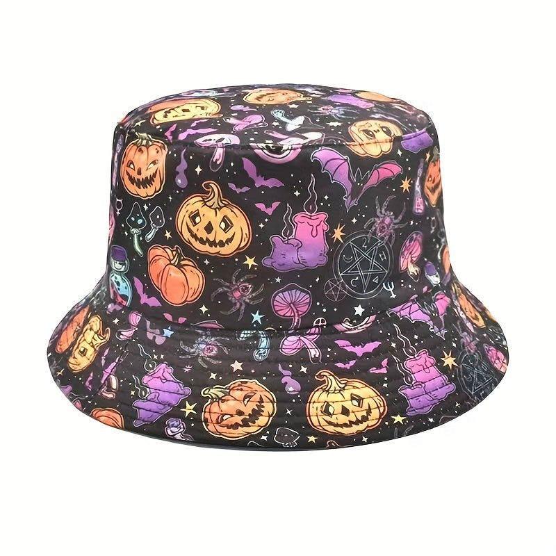 Y2K Halloween Anime Pumpkin Head Print Double Sided Basin Hat