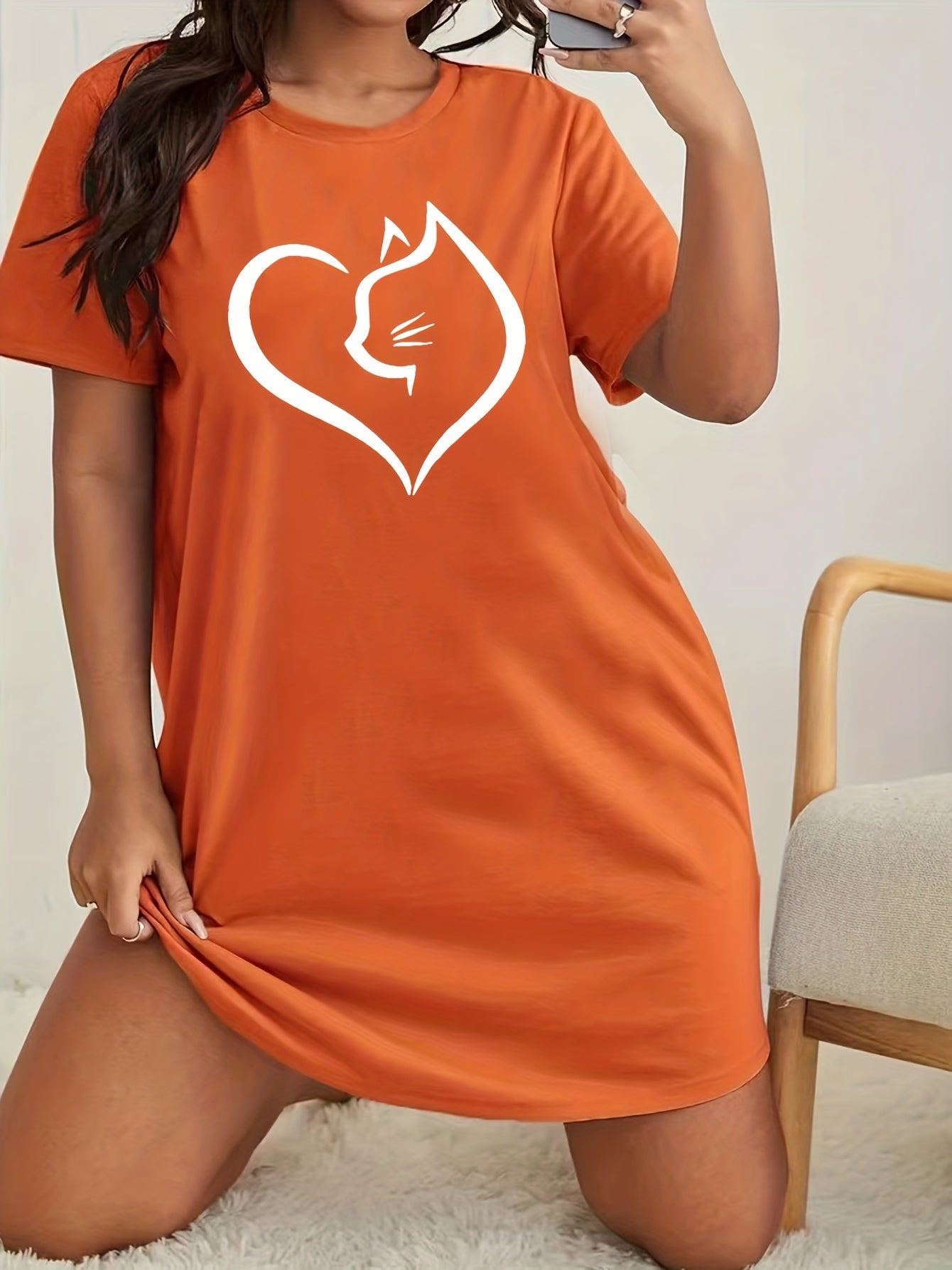  Heart & Cat Print Sleep Dress