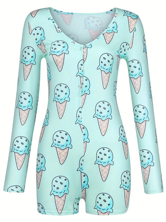 Ice Cream Print Romper Jumpsuit Long Sleeve Sexy Women's Clothing