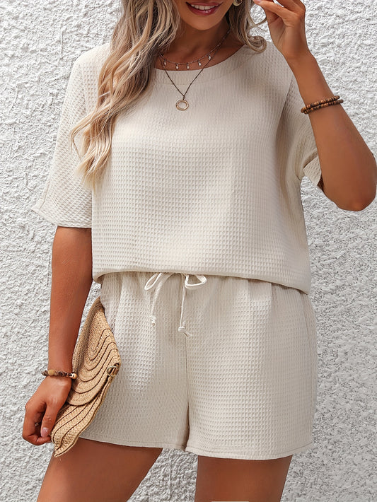  Waffle Knit Top & Drawstring Shorts 2PC Set