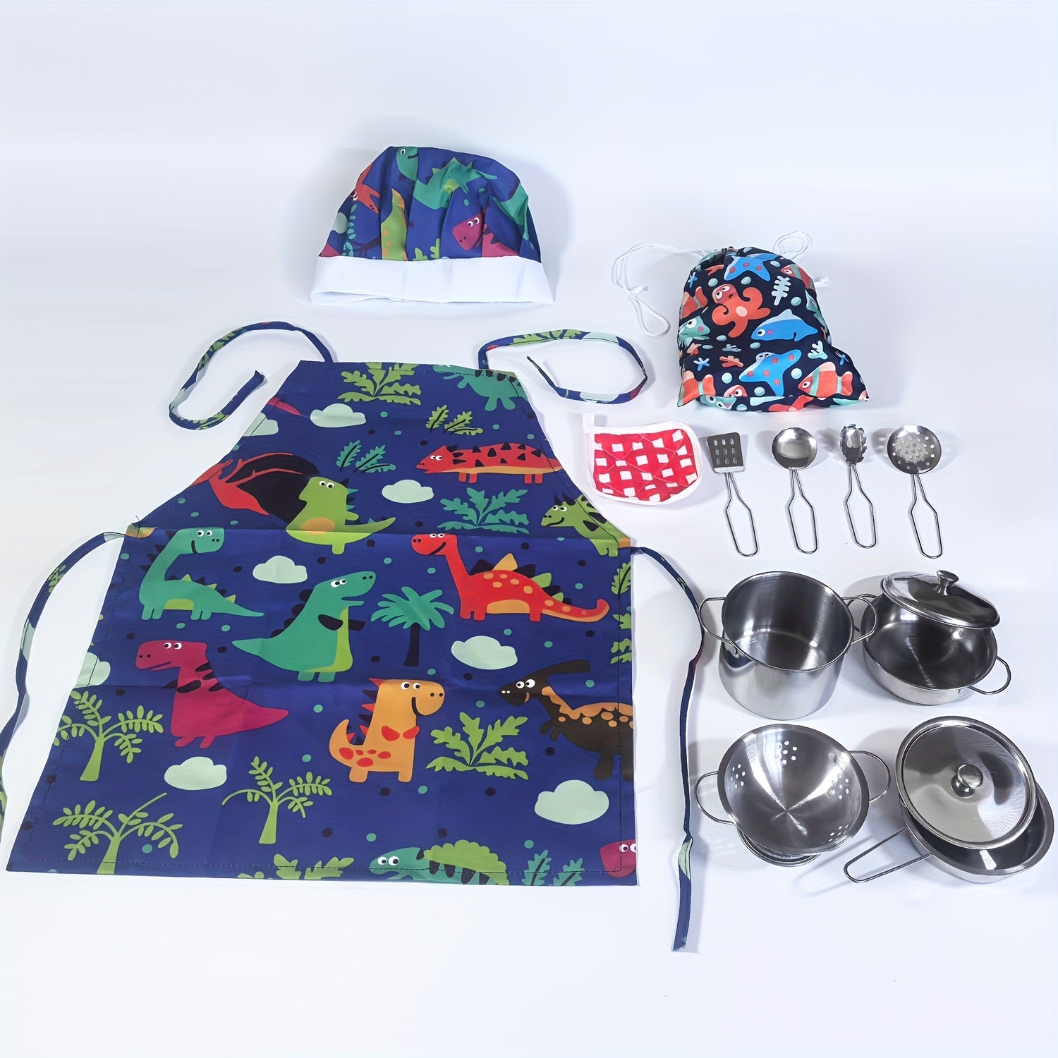 14pcs Kids' Pink Dinosaur Cooking Set w/ Apron Hat & Accessories