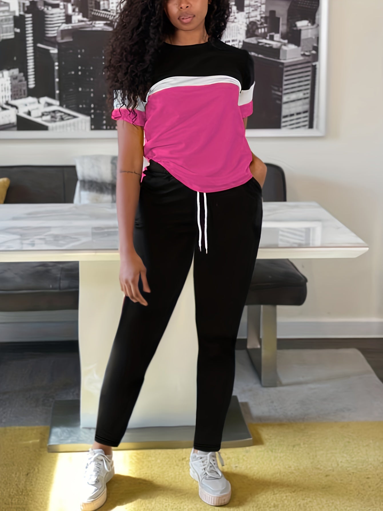 Casual Matching Two-piece Set Block Short Sleeve T-shirt & Striped Pants