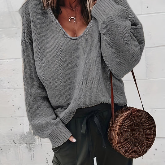  Solid Long Sleeve V Neck High Stretch Jumper