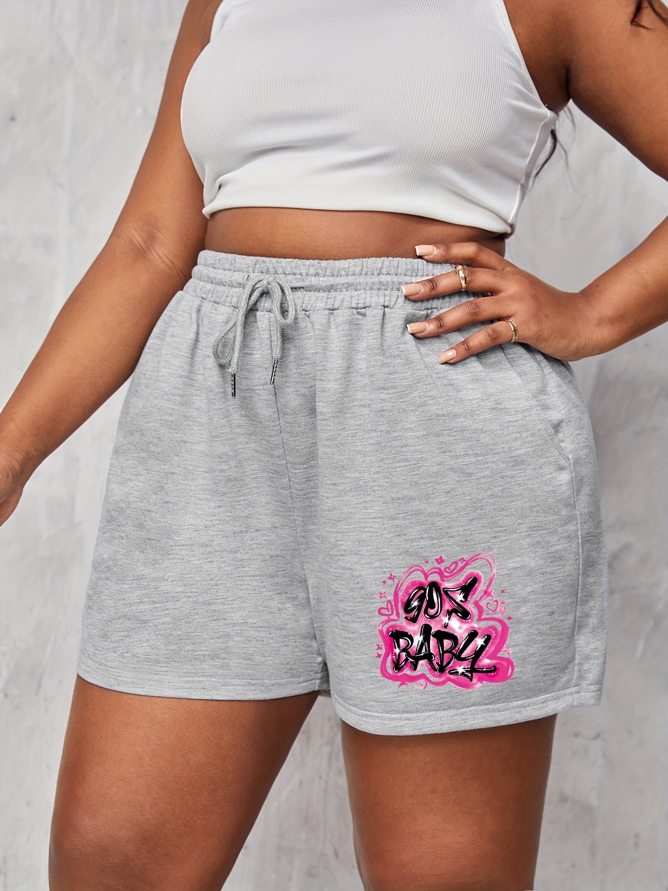  Art Letter Print Elastic Drawstring Stretch Shorts