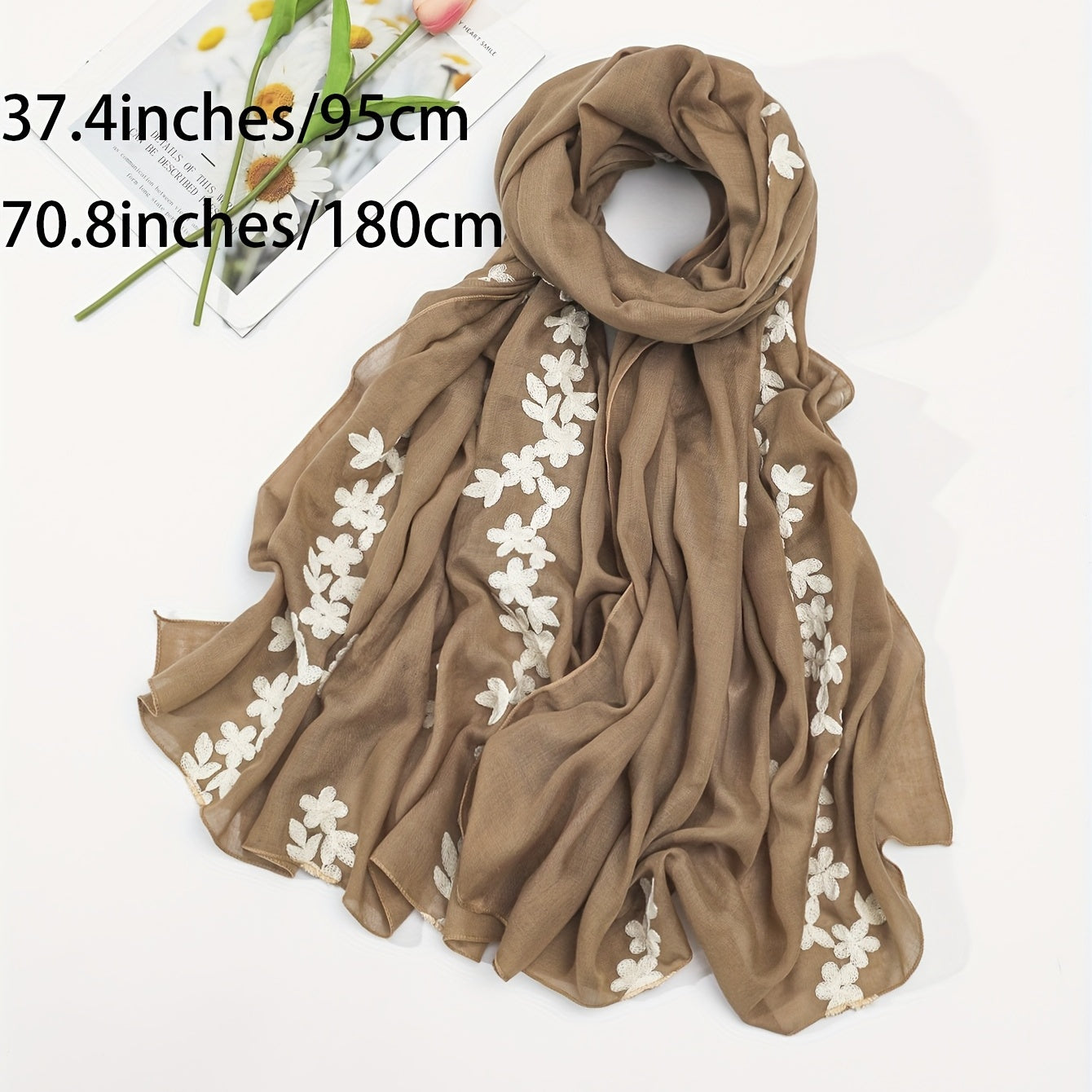 Vintage Flower Embroidery Scarf Khaki Shawl Breathable Hijab