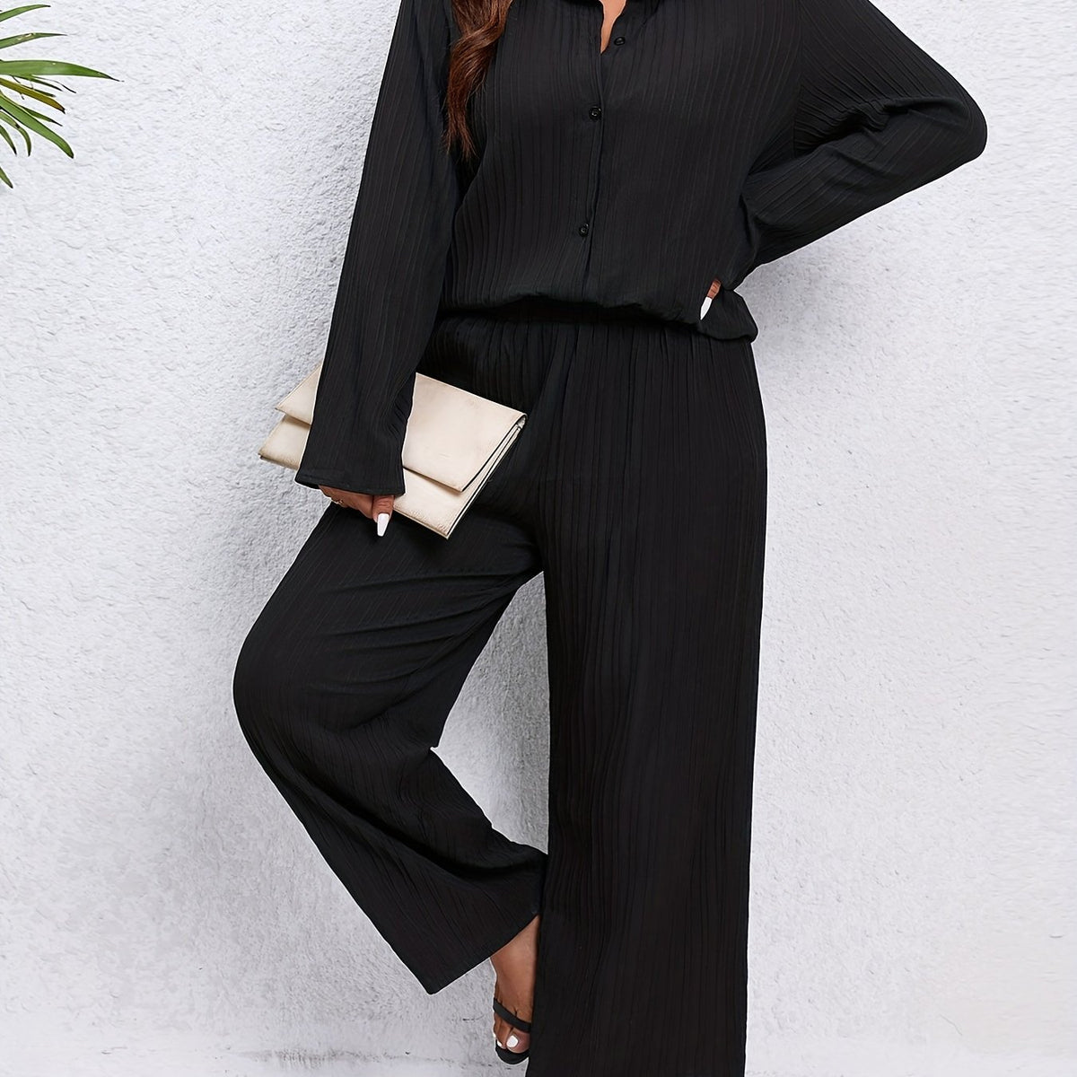  Solid Ribbed Button Up Polo Neck Blouse & Wide Leg Pants Set
