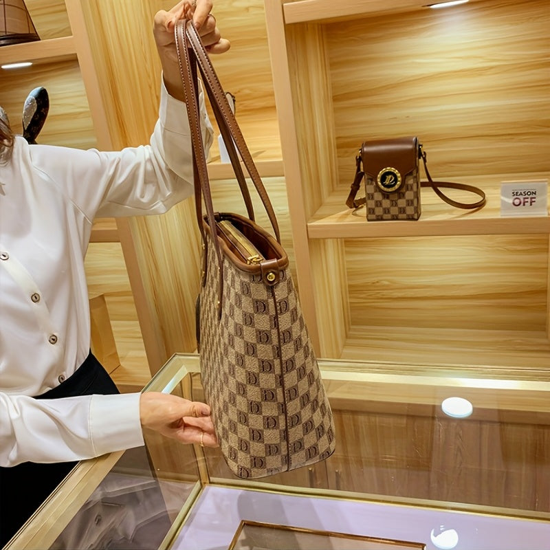 Plaid Print Zipper Tote Bag Large Capacity Versatile Hanbag Zipper Casual Bag