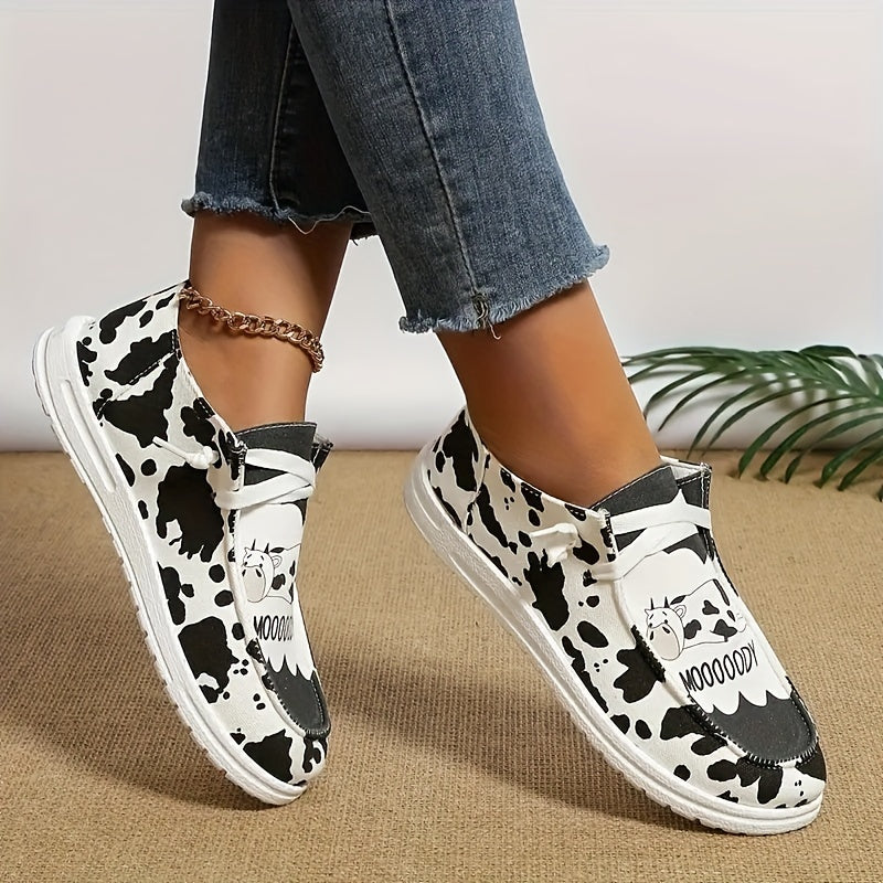 Women's Milk Cow Imprint Canvas Shoes Lace up Slip on Flat Shoes