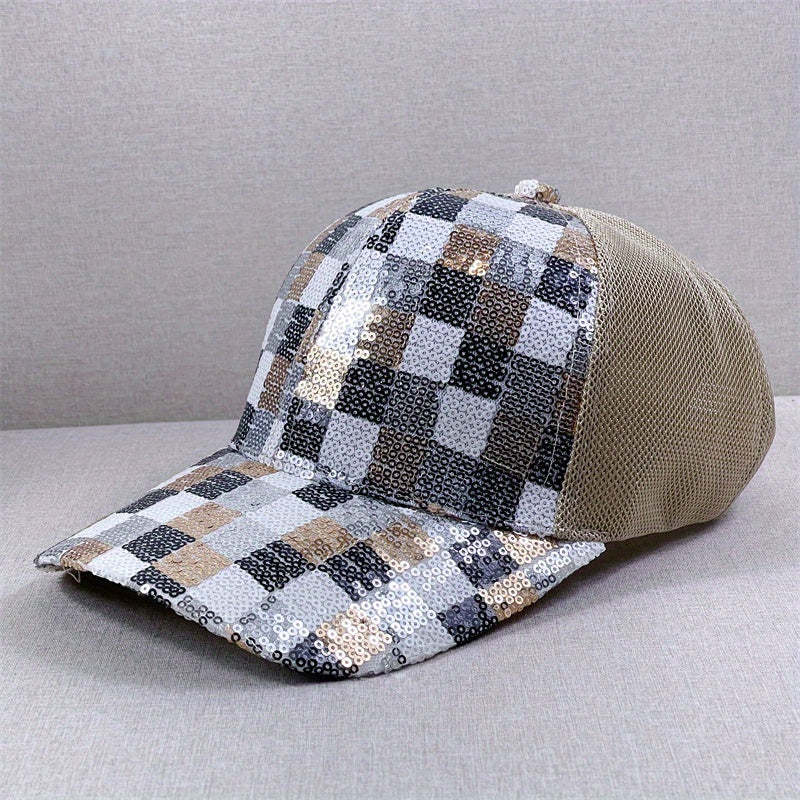 Sequin Block Trucker Hat Y2K Mesh Breathable Sunshade Baseball Cap