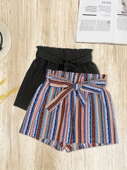2 Pack Women's Casual Shorts: Solid Elastic & Polka Dot Tie Waist
