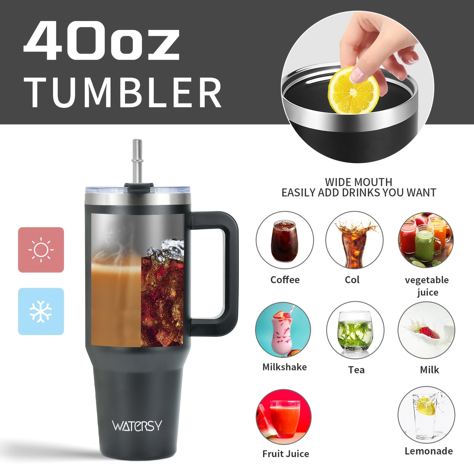 WATERSY 30oz 40oz Stainless Steel Travel Mug with Straw Lid & Handle