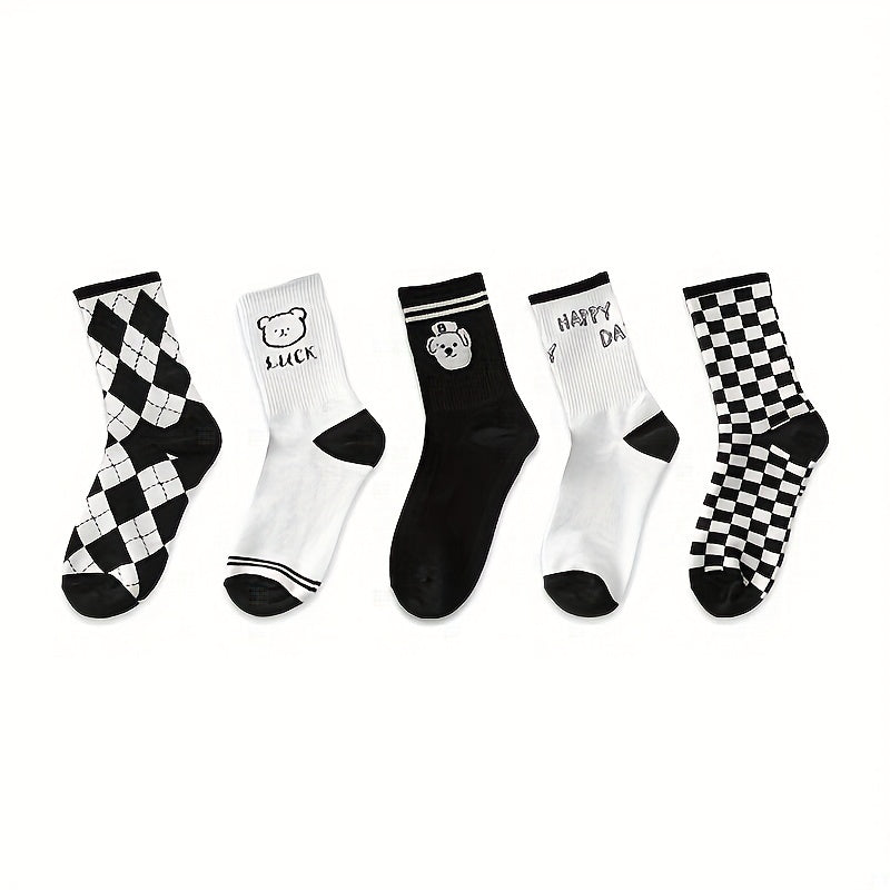 5 Pairs Bear & Plaid Print Socks Mid Tube Women's Stockings
